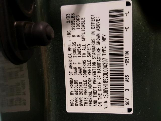 5J6YH18523L004307 - 2003 HONDA ELEMENT EX GREEN photo 10