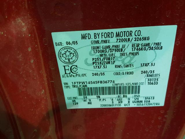 1FTPW14545FB36774 - 2005 FORD F150 SUPER RED photo 10