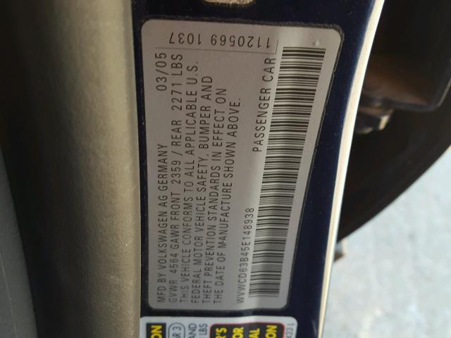 WVWCD63B45E148938 - 2005 VOLKSWAGEN PASSAT GLS BLUE photo 10