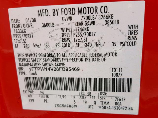 1FTPW14V28FB95469 - 2008 FORD F150 SUPER RED photo 10