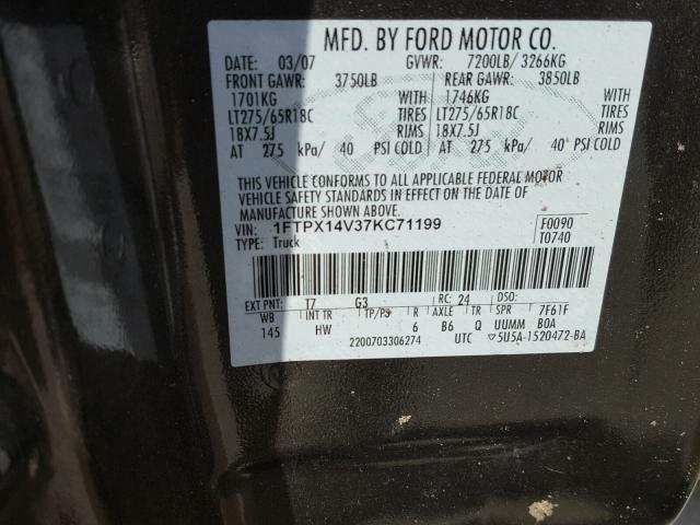 1FTPX14V37KC71199 - 2007 FORD F150 BROWN photo 10