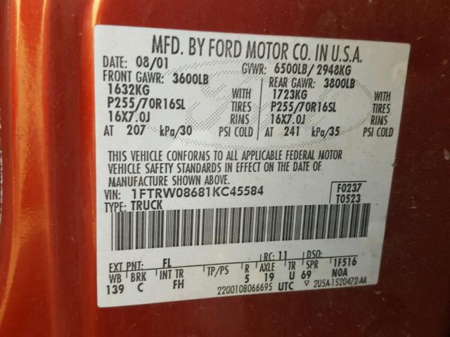 1FTRW08681KC45584 - 2001 FORD F150 SUPER RED photo 10