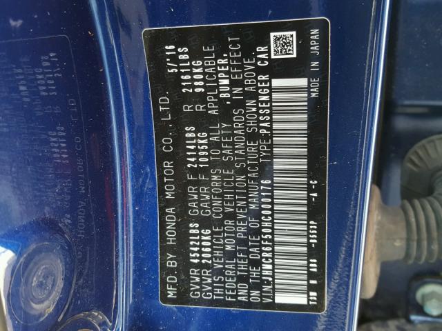 JHMCR6F50HC000176 - 2017 HONDA ACCORD HYB BLUE photo 10