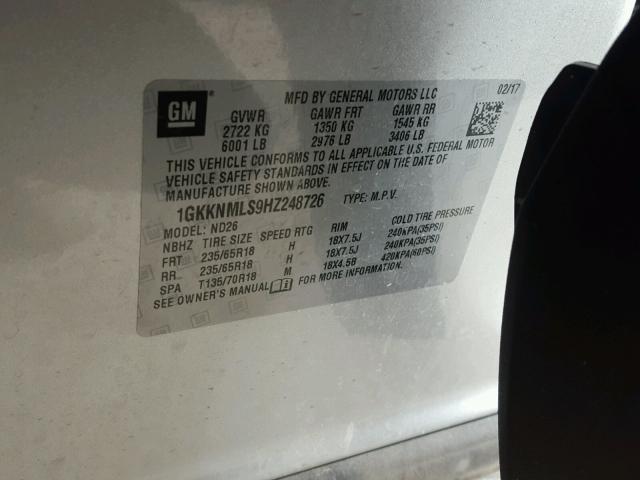 1GKKNMLS9HZ248726 - 2017 GMC ACADIA SLT ვერცხლისფერი ფოტო 10