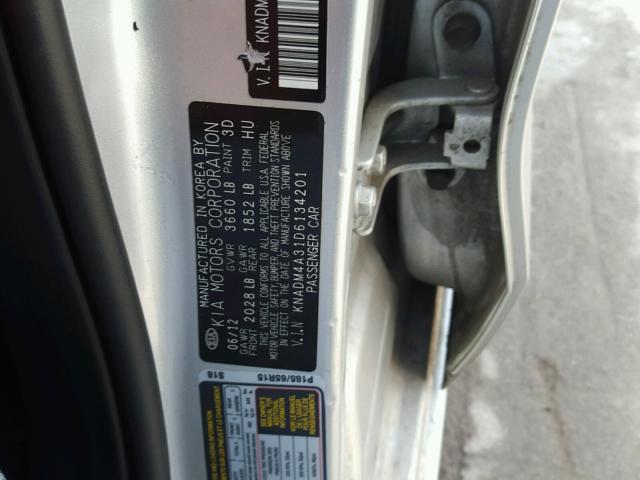 KNADM4A31D6134201 - 2013 KIA RIO LX SILVER photo 10