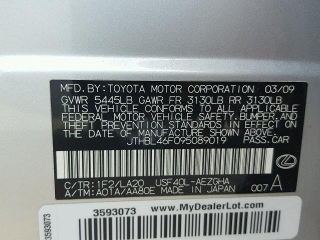 JTHBL46F095089019 - 2009 LEXUS LS 460 SILVER photo 10