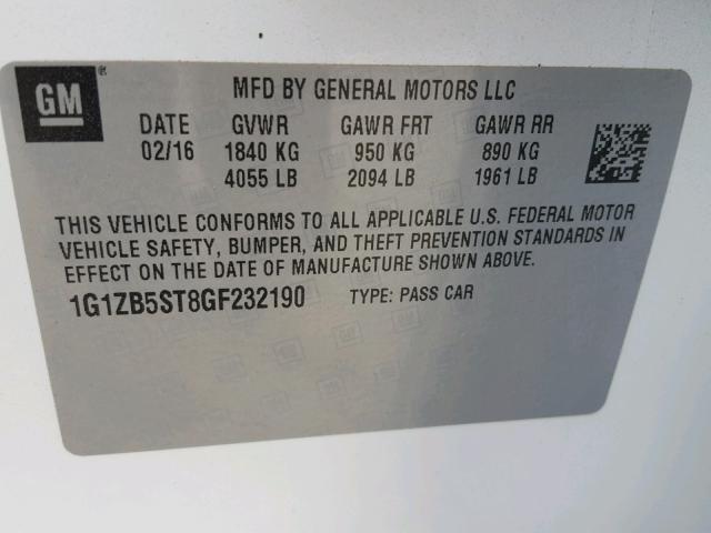 1G1ZB5ST8GF232190 - 2016 CHEVROLET MALIBU LS 白色 照片 10