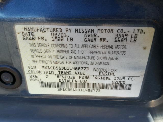 3N1CB51D01L482773 - 2001 NISSAN SENTRA XE BLUE photo 10