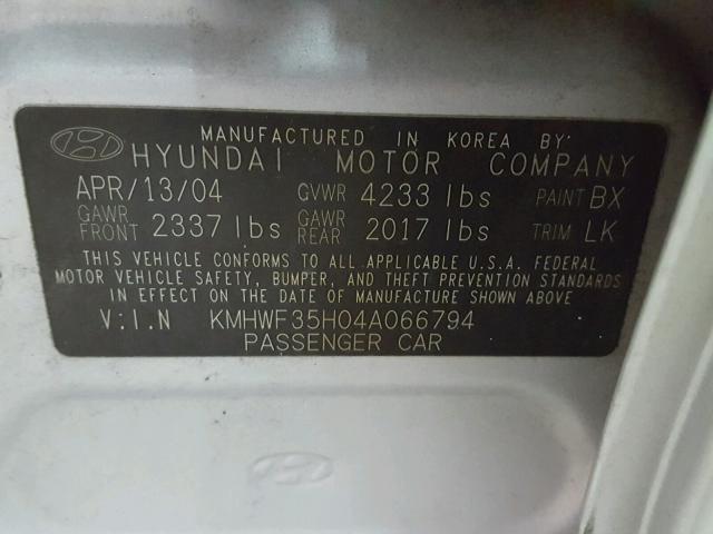 KMHWF35H04A066794 - 2004 HYUNDAI SONATA GLS SILVER photo 10