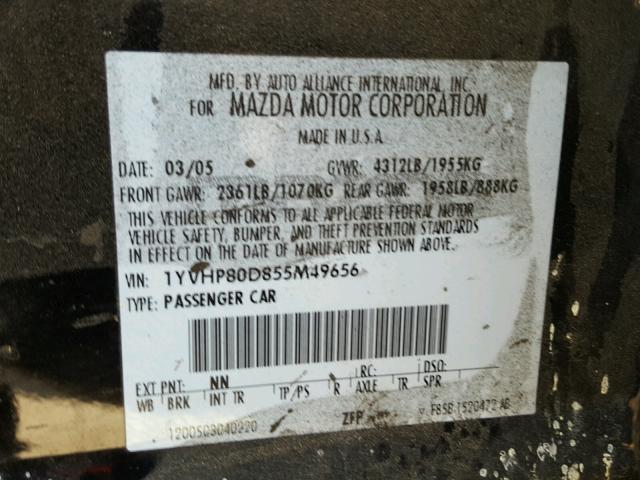 1YVHP80D855M49656 - 2005 MAZDA 6 S BLACK photo 10