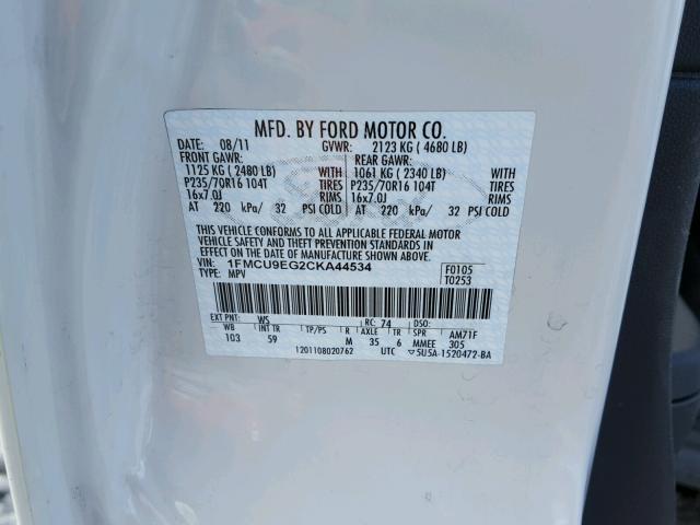 1FMCU9EG2CKA44534 - 2012 FORD ESCAPE LIM WHITE photo 10