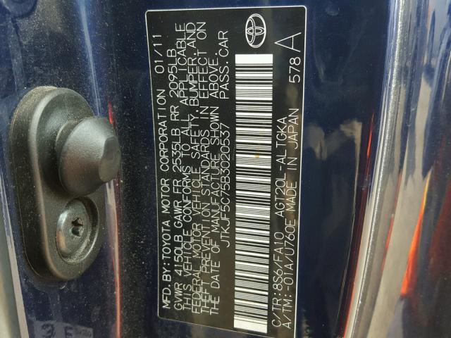 JTKJF5C75B3020537 - 2011 TOYOTA SCION TC 蓝色 照片 10