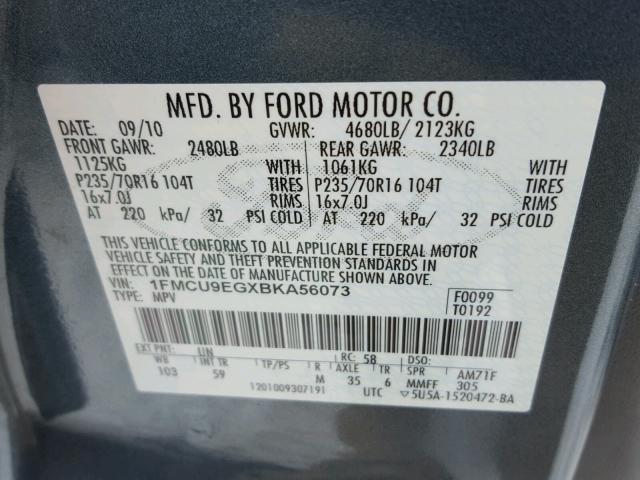 1FMCU9EGXBKA56073 - 2011 FORD ESCAPE LIM BLUE photo 10