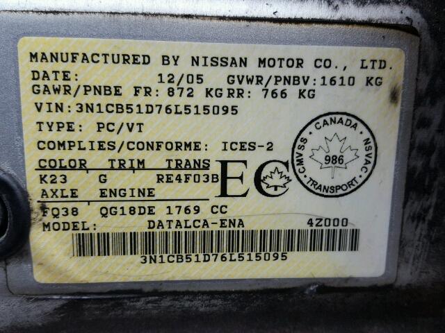 3N1CB51D76L515095 - 2006 NISSAN SENTRA 1.8 SILVER photo 10