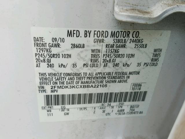 2FMDK3KCXBBA22105 - 2011 FORD EDGE LIMIT WHITE photo 10