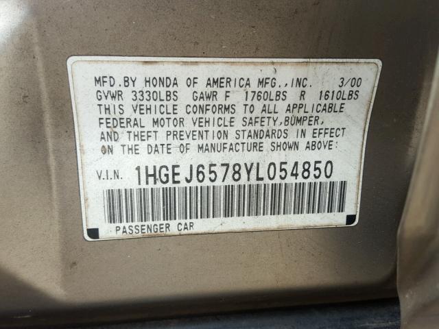 1HGEJ6578YL054850 - 2000 HONDA CIVIC LX BEIGE photo 10