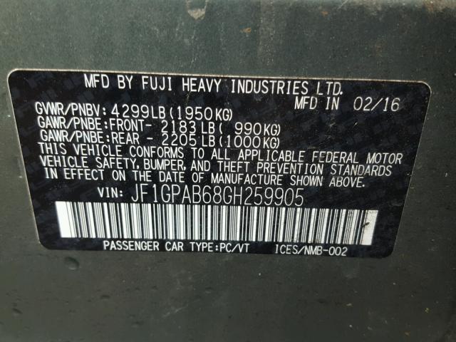 JF1GPAB68GH259905 - 2016 SUBARU IMPREZA PR GREEN photo 10