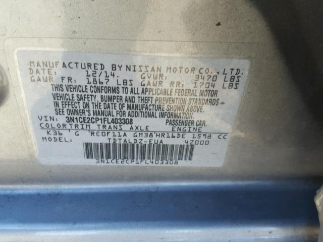 3N1CE2CP1FL403308 - 2015 NISSAN VERSA NOTE SILVER photo 10