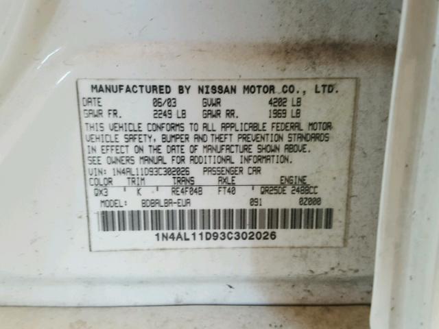 1N4AL11D93C302026 - 2003 NISSAN ALTIMA BAS WHITE photo 10