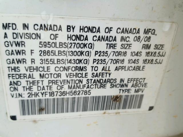 2HKYF18736H562785 - 2006 HONDA PILOT EX WHITE photo 10