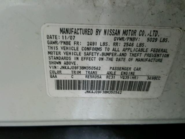 JNKAJ09F38M350542 - 2008 INFINITI EX35 BASE WHITE photo 10