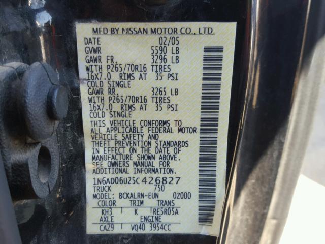 1N6AD06U25C426827 - 2005 NISSAN FRONTIER K BLACK photo 10