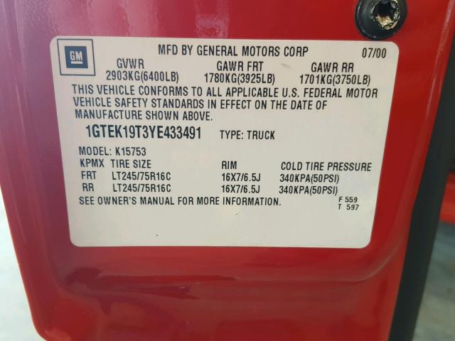 1GTEK19T3YE433491 - 2000 GMC NEW SIERRA RED photo 10