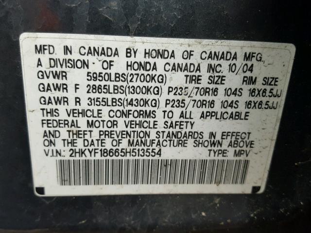 2HKYF18665H513554 - 2005 HONDA PILOT EXL BLUE photo 10