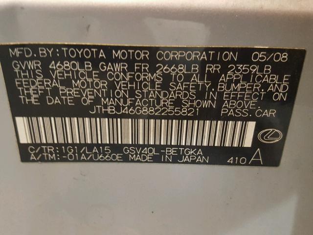 JTHBJ46G882255821 - 2008 LEXUS ES 350 SILVER photo 10