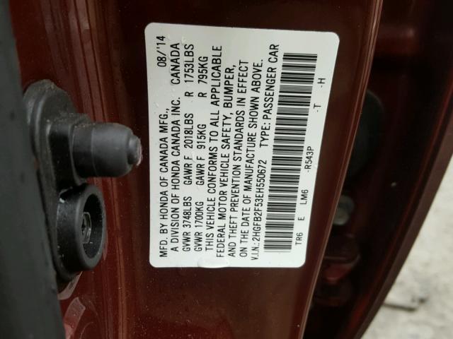 2HGFB2F53EH550672 - 2014 HONDA CIVIC LX RED photo 10