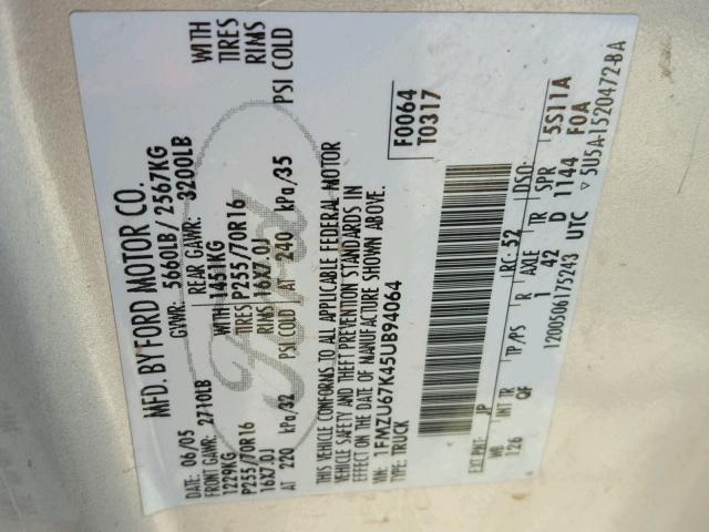 1FMZU67K45UB94064 - 2005 FORD EXPLORER S SILVER photo 10