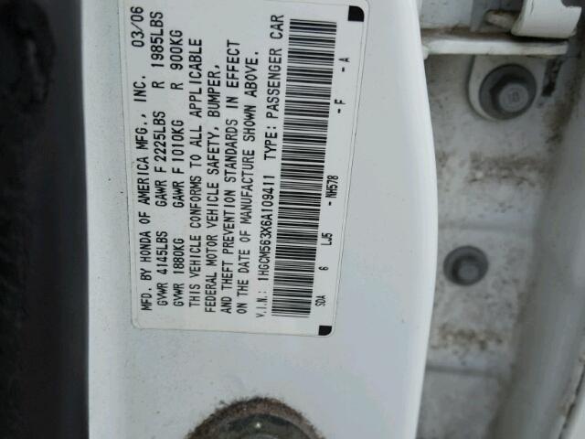 1HGCM563X6A109411 - 2006 HONDA ACCORD SE WHITE photo 10