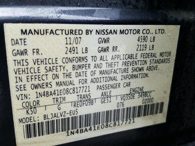 1N4BA41E08C817721 - 2008 NISSAN MAXIMA SE BLUE photo 10