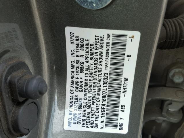 1HGFA16807L135323 - 2007 HONDA CIVIC EX GRAY photo 10