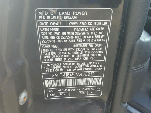 SALPM16452A462210 - 2002 LAND ROVER RANGE ROVE BLACK photo 10