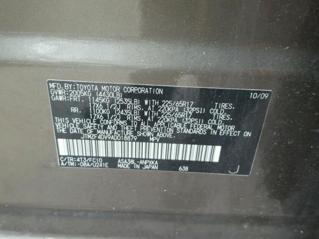 JTMZF4DV9AD018879 - 2010 TOYOTA RAV4 GRAY photo 10