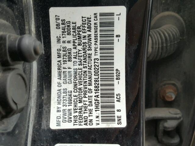 1HGFA16828L002273 - 2008 HONDA CIVIC EX BLACK photo 10