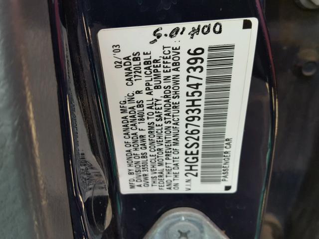 2HGES26793H547396 - 2003 HONDA CIVIC EX ლურჯი ფოტო 10