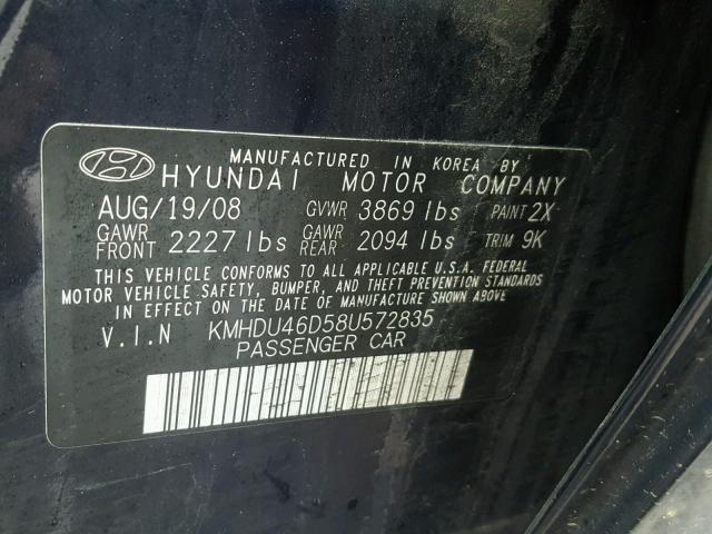 KMHDU46D58U572835 - 2008 HYUNDAI ELANTRA GL BLUE photo 10