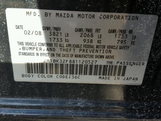 JM1BK32F881120527 - 2008 MAZDA 3 I CHARCOAL photo 10