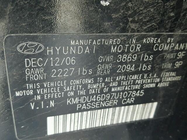 KMHDU46D97U107845 - 2007 HYUNDAI ELANTRA GL BLACK photo 10