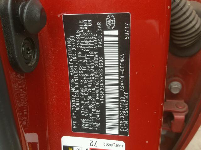 4T4BF3EK3AR021696 - 2010 TOYOTA CAMRY BASE RED photo 10