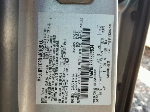 1FA6P0H73E5399834 - 2014 FORD FUSION SE SILVER photo 10