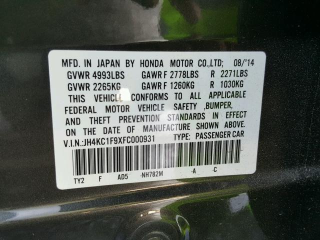 JH4KC1F9XFC000931 - 2015 ACURA RLX ADVANC GRAY photo 10