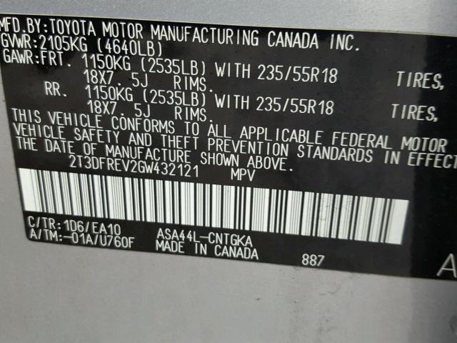 2T3DFREV2GW432121 - 2016 TOYOTA RAV4 LIMIT SILVER photo 10