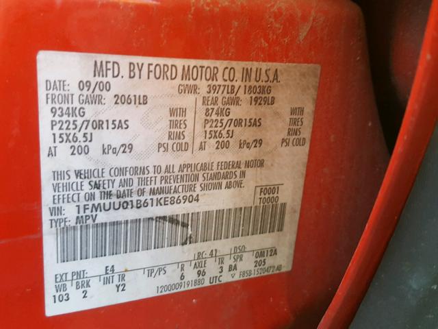 1FMUU01B61KE86904 - 2001 FORD ESCAPE XLS RED photo 10