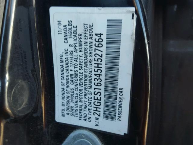 2HGES16345H527664 - 2005 HONDA CIVIC DX V BLACK photo 10