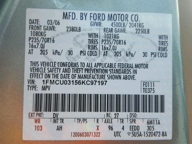 1FMCU03156KC97197 - 2006 FORD ESCAPE XLT TEAL photo 10