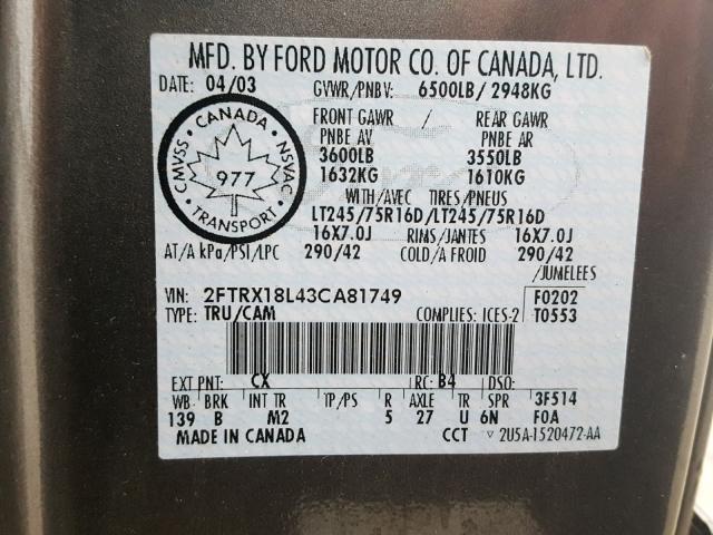 2FTRX18L43CA81749 - 2003 FORD F150 GRAY photo 10