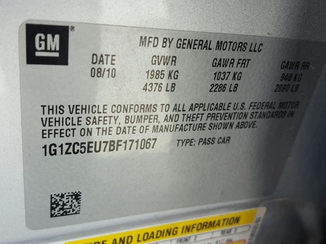 1G1ZC5EU7BF171067 - 2011 CHEVROLET MALIBU 1LT 银色 照片 10